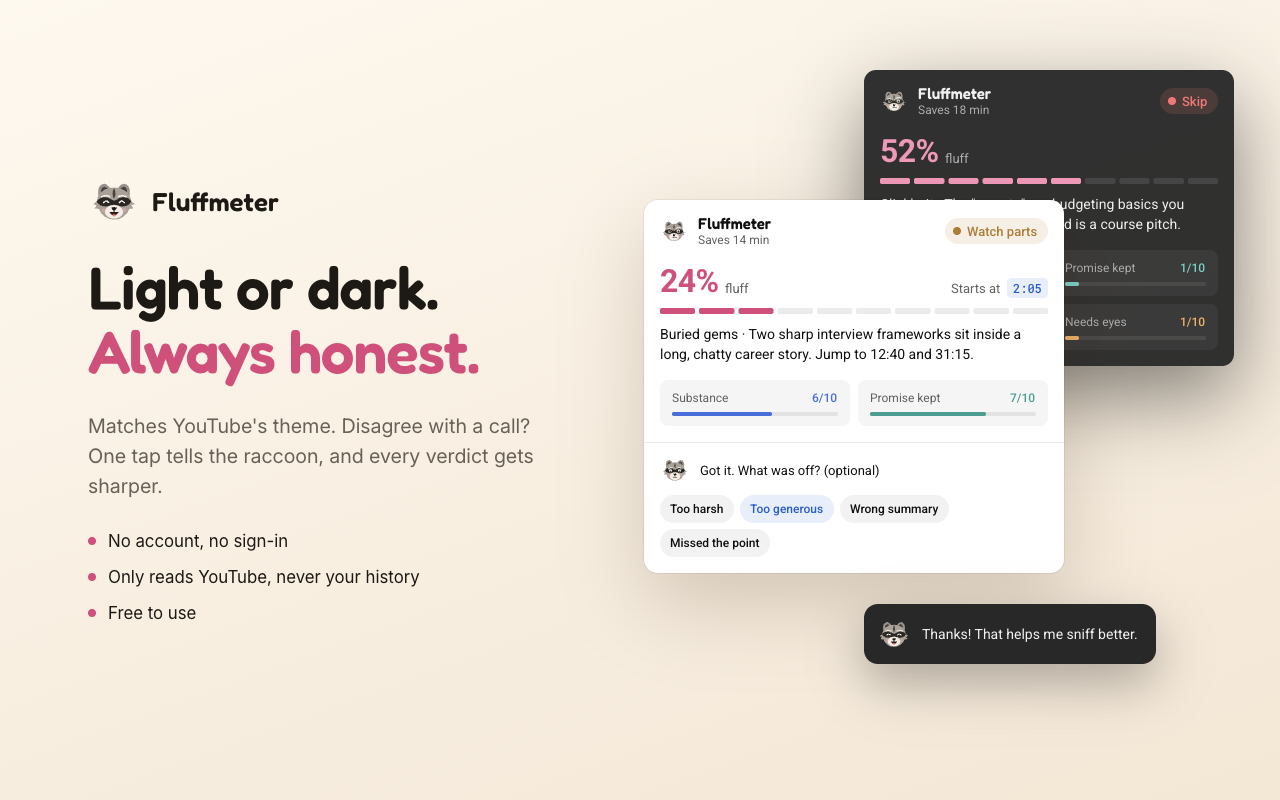 Light and dark mode cards with one-tap feedback.